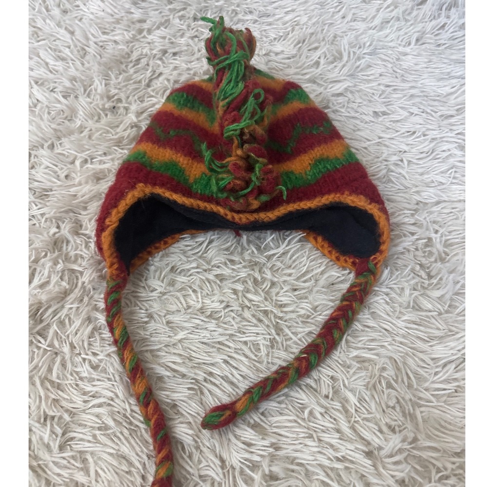 100% Wool Mohawk Earflap‎ Beanie Red Orange Green Striped Fleece Lined